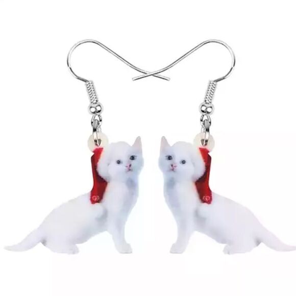 Christmas White Cat Earrings Santa Acrylic Lightweight Holiday Kitten - Picture 1 of 5
